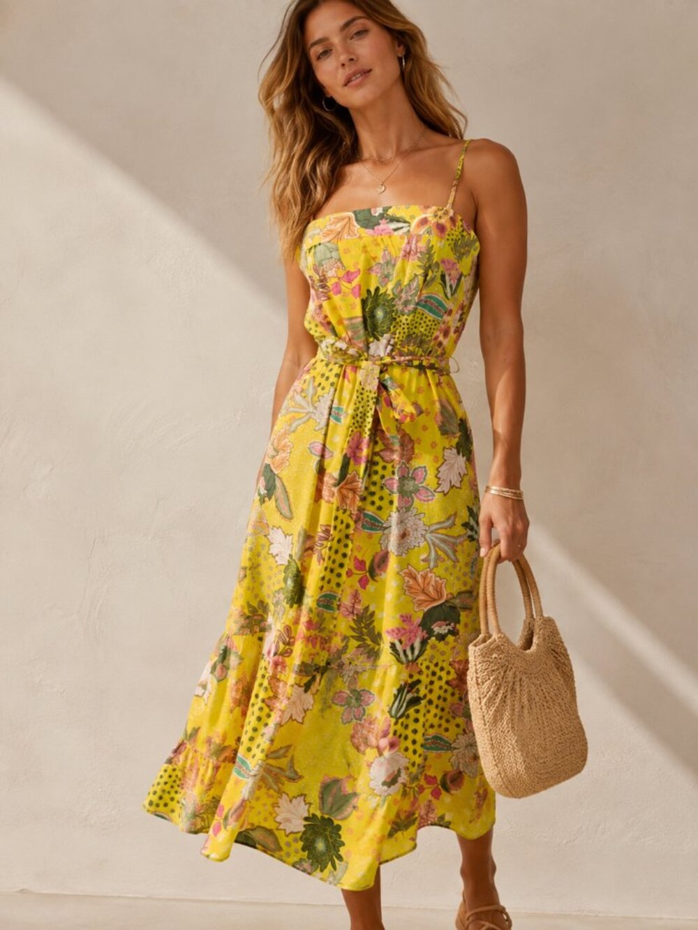 LOFT Yellow Tropical Floral Square Neck Midi Sundress Size 8 Cotton Rayon